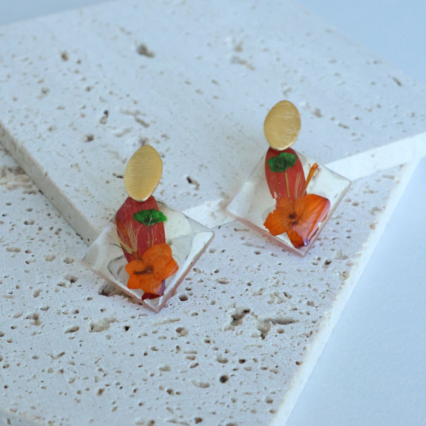 Pressed Red/Orange Flower Earring