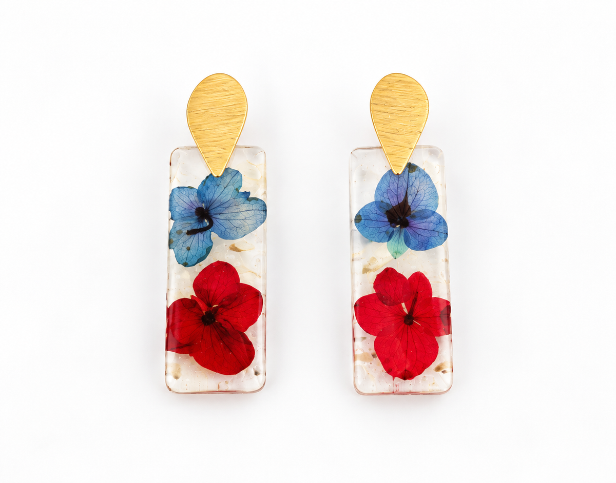 Pressed Blue/Red Flower Earring