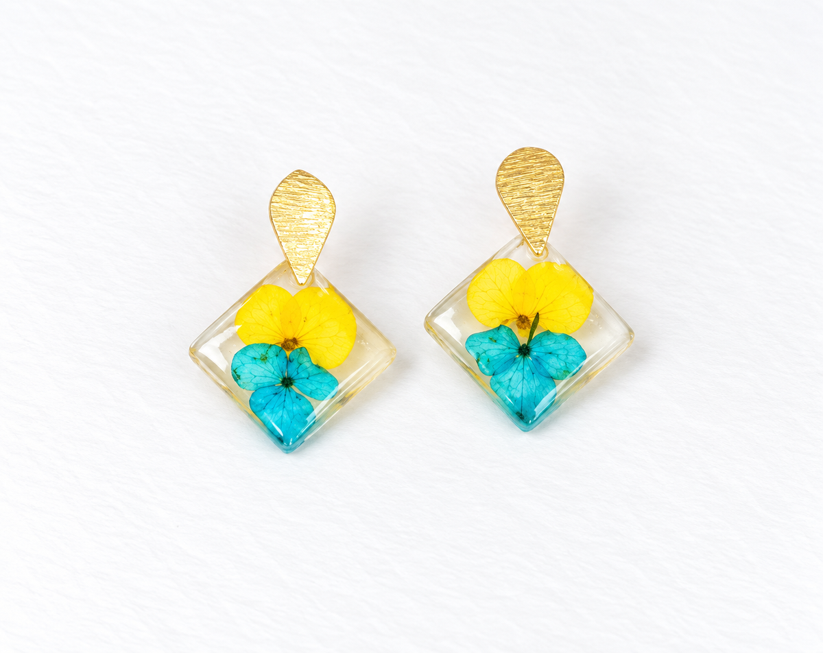 Pressed Blue/Yellow Flower Earring