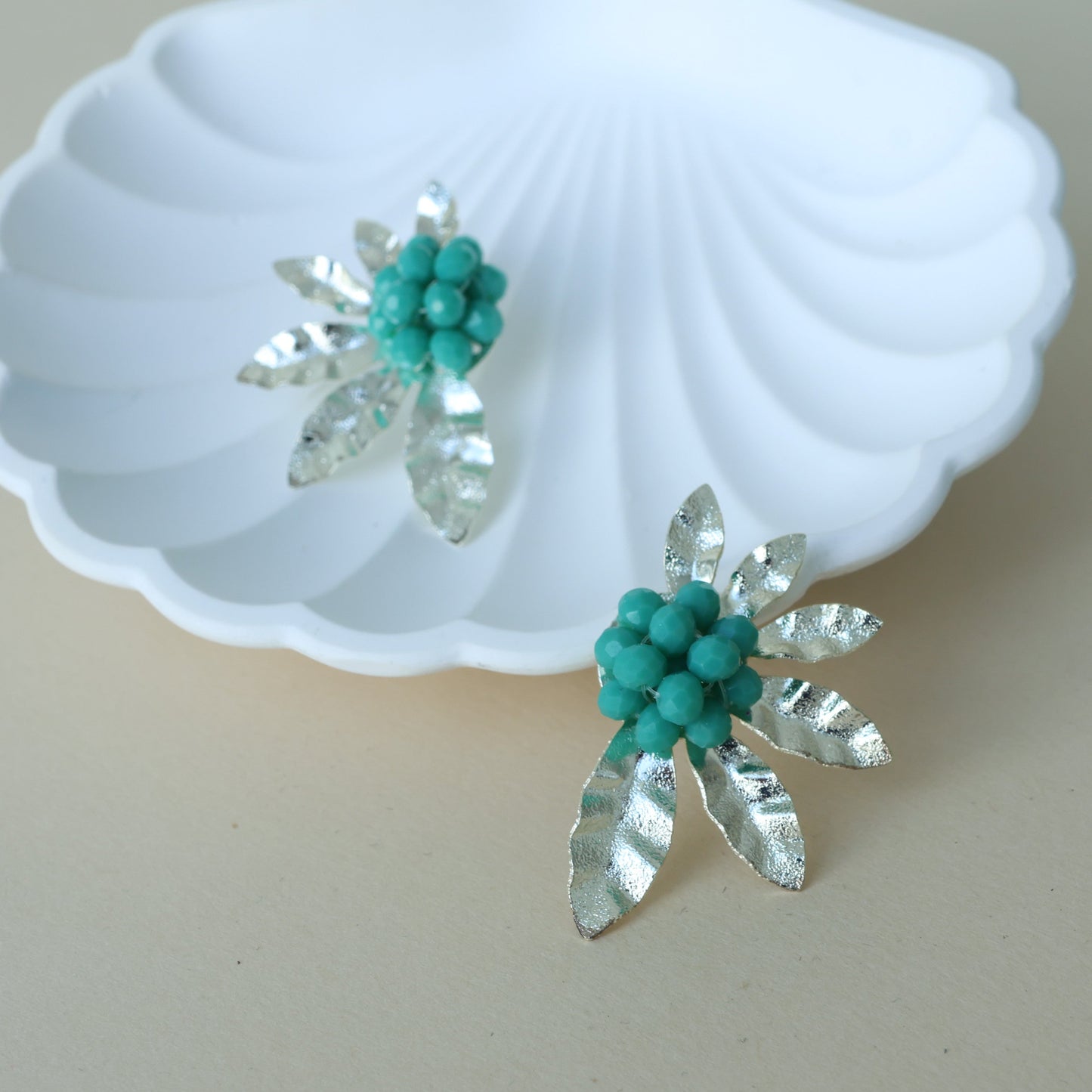 Silver Beaded Half Flower Earrings