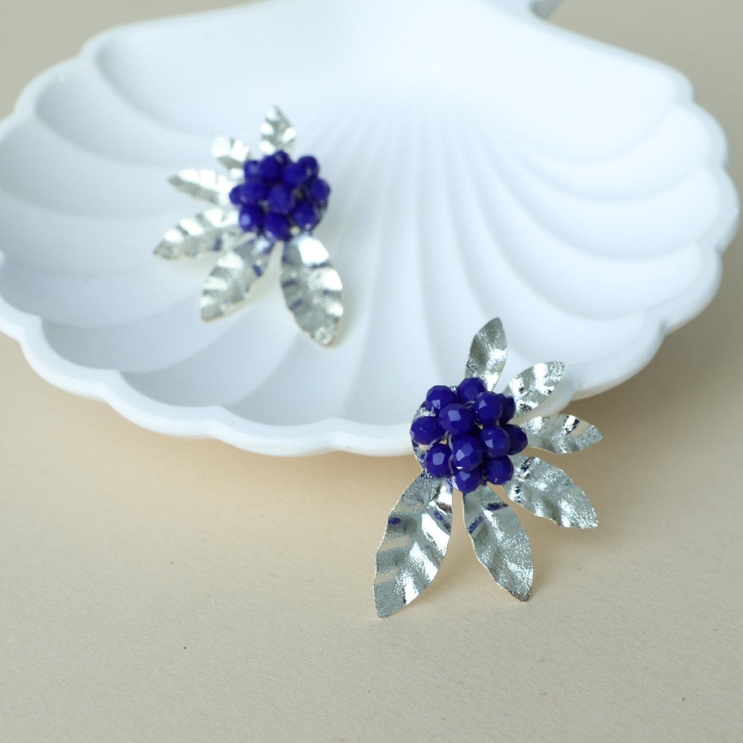 Silver Beaded Half Flower Earrings