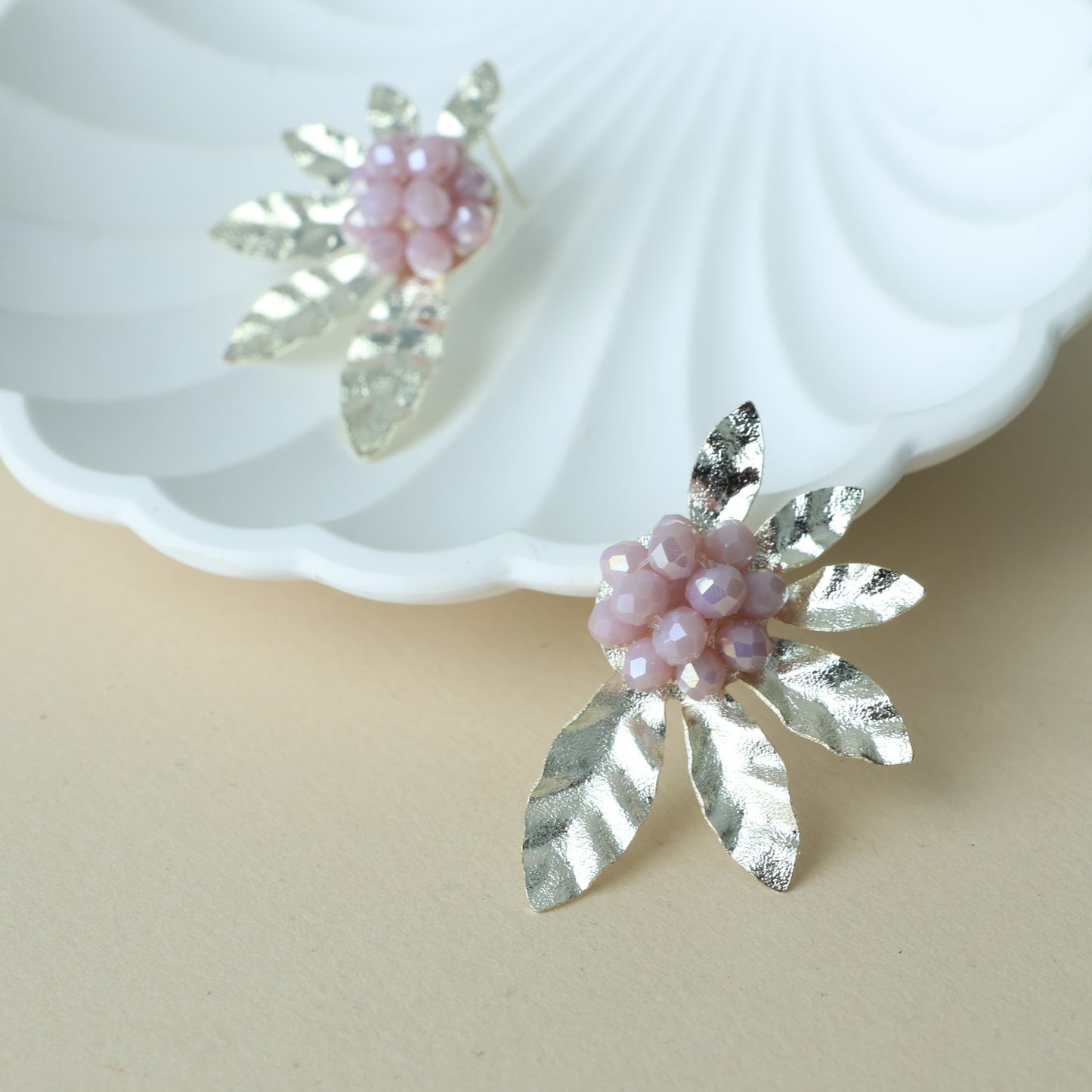 Silver Beaded Half Flower Earrings
