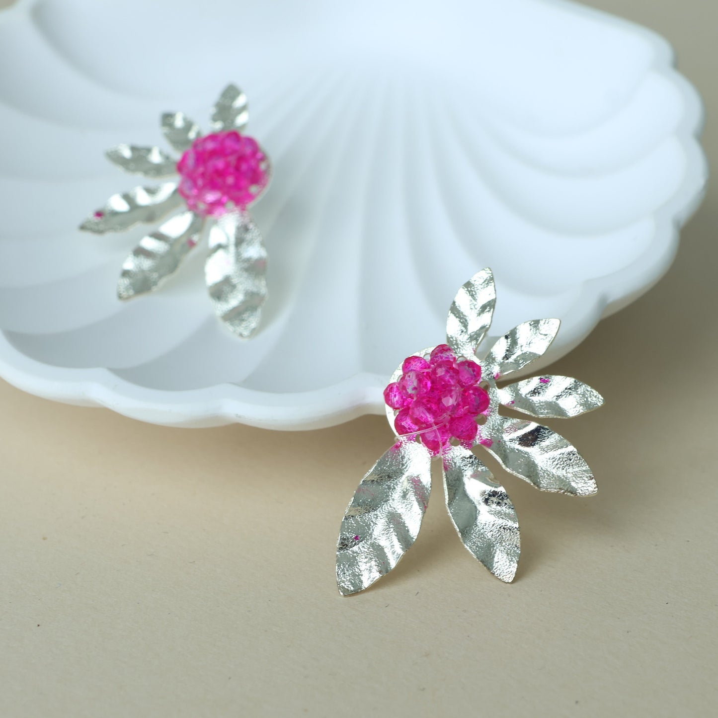 Silver Beaded Half Flower Earrings