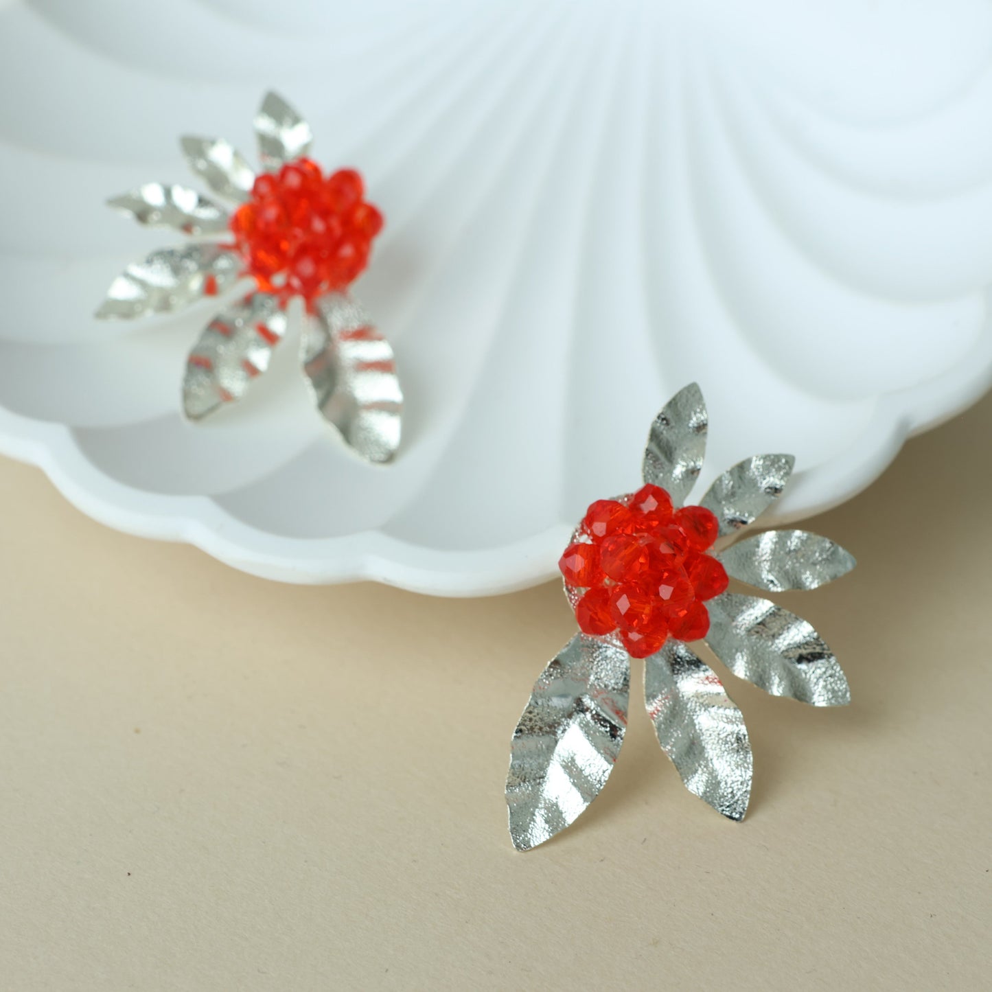 Silver Beaded Half Flower Earrings