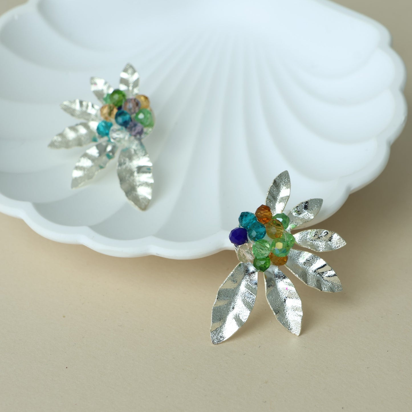 Silver Beaded Half Flower Earrings