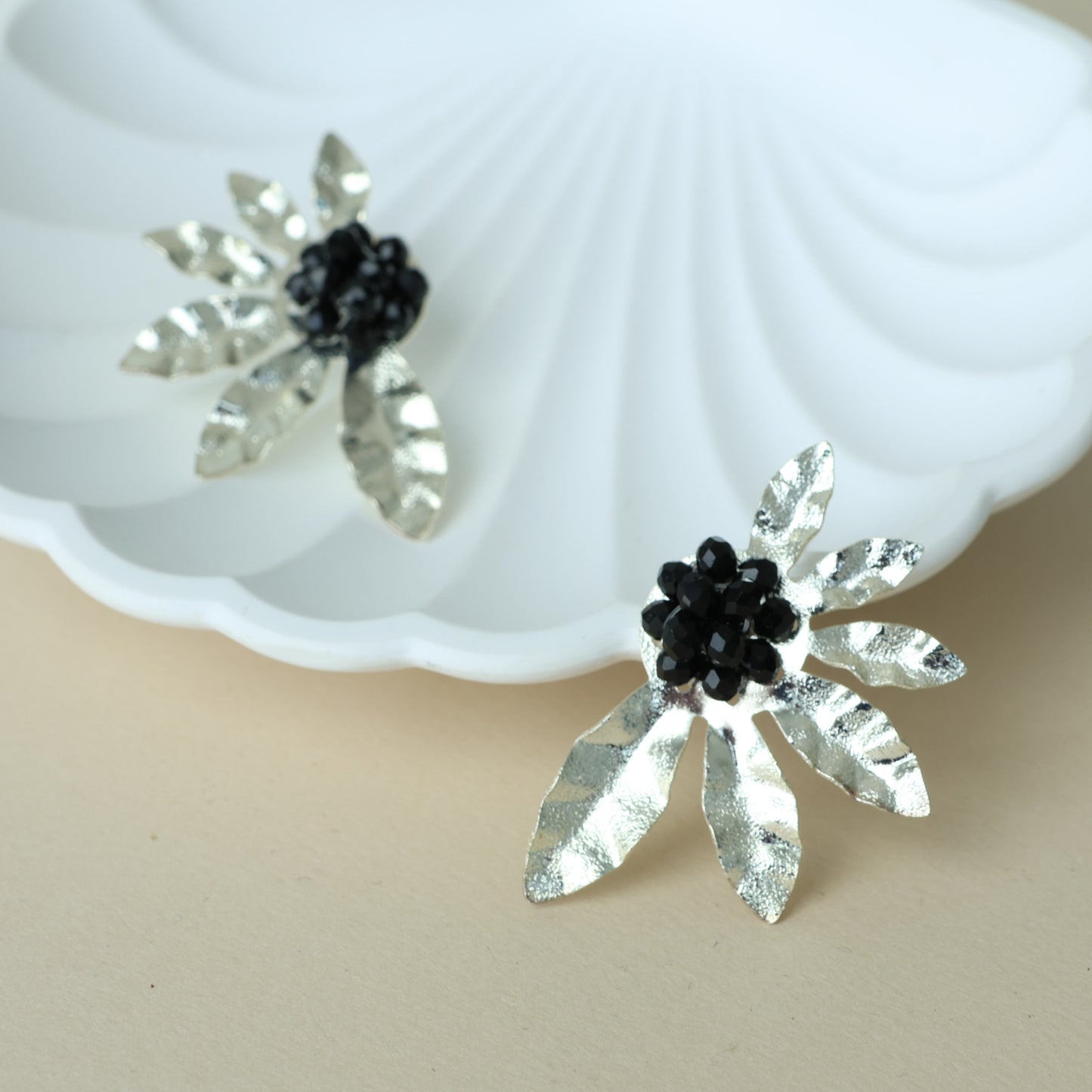 Silver Beaded Half Flower Earrings