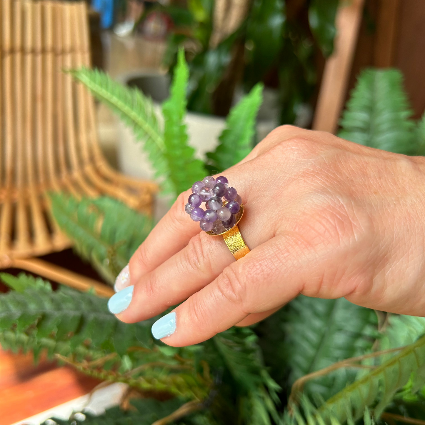 Based Bronze Ring with Beaded Amethyst