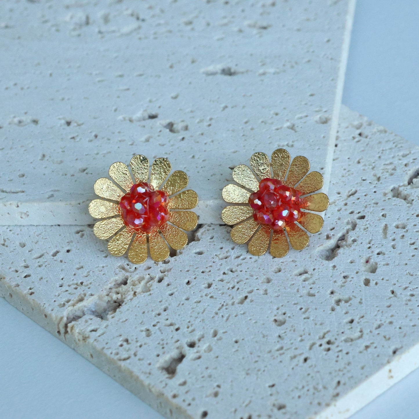 Gold Beaded Flower Earrings