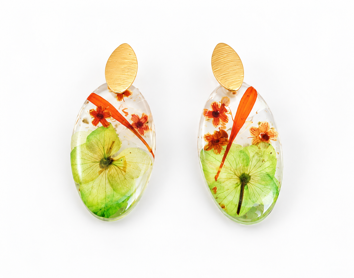 Pressed Orange/Green Flower Earring