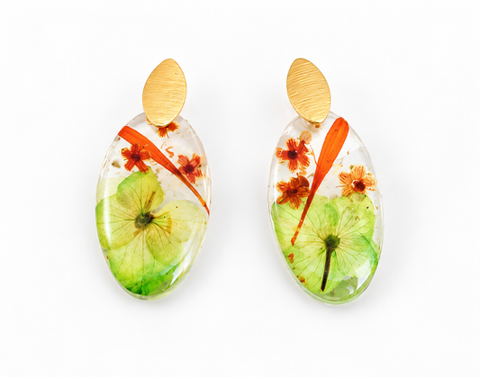 Pressed Orange/Green Flower Earring