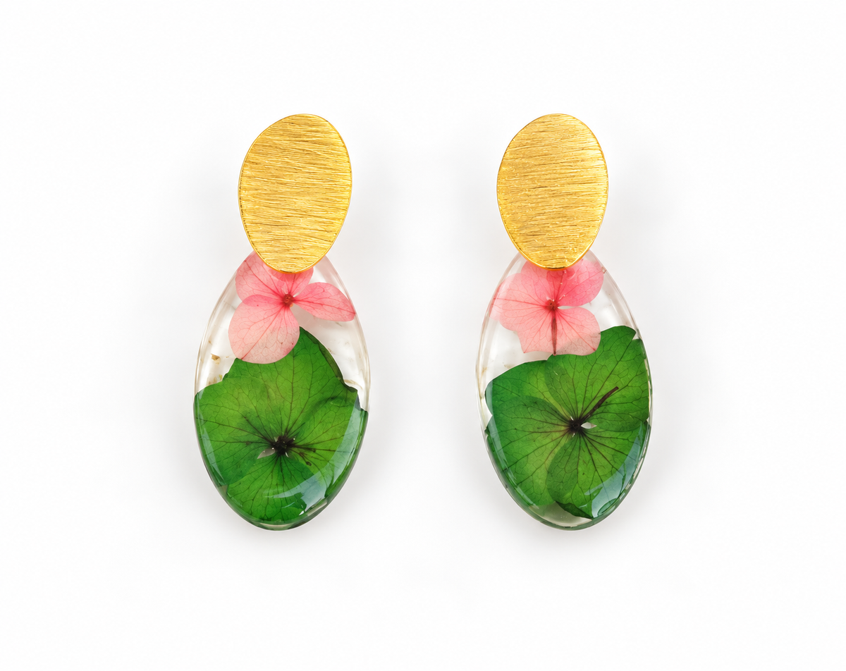 Pressed Pink/Green Flowers Earring