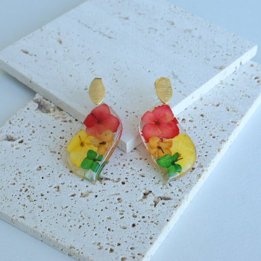 Pressed Red/Yellow/Green Flowers Earring