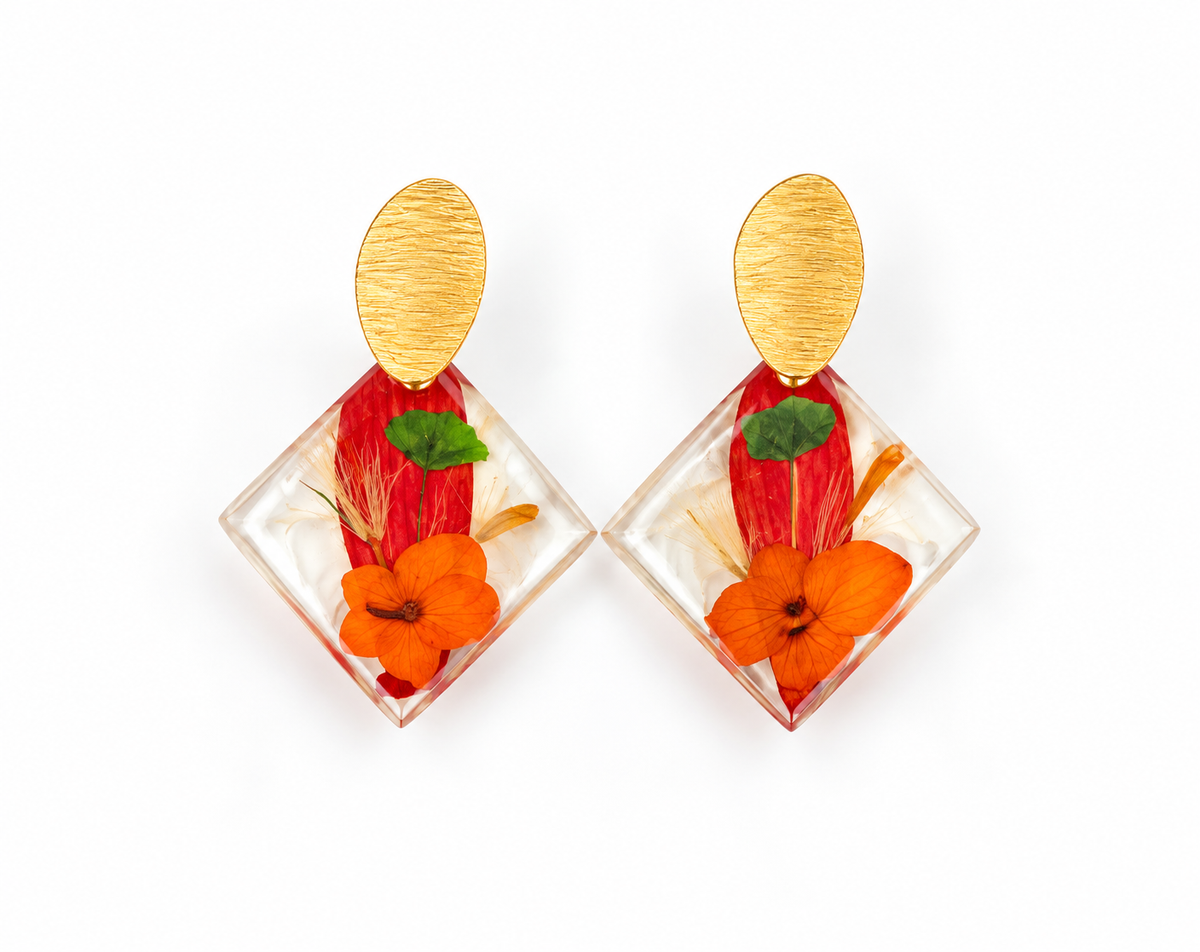 Pressed Red/Orange Flower Earring