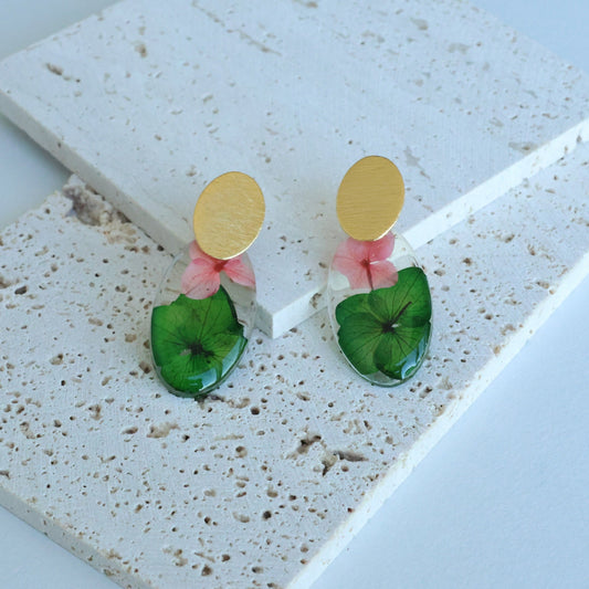 Pressed Pink/Green Flowers Earring