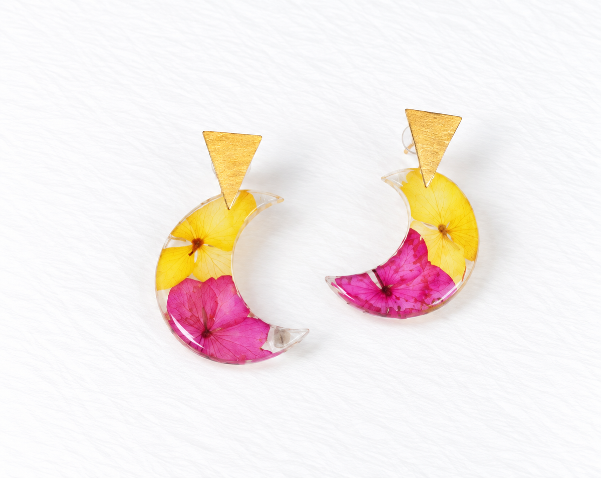 Pressed Flowers Moon Earring