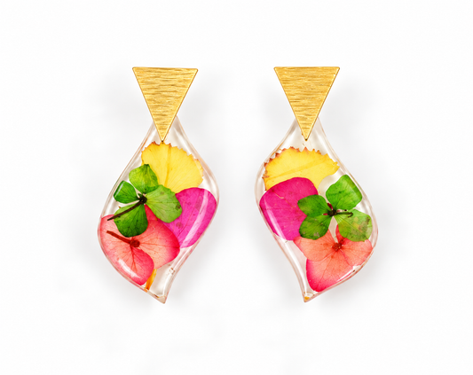 Pressed Green/Red/Purple/Yellow Flowers Earring