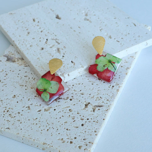 Pressed Red/Green Flower Earring