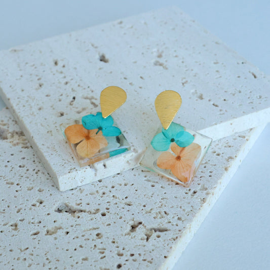 Pressed Blue/Orange Flower Earring