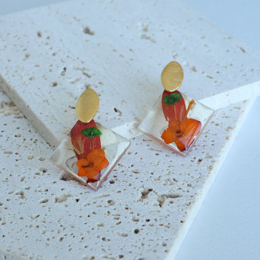Pressed Red/Orange Flower Earring