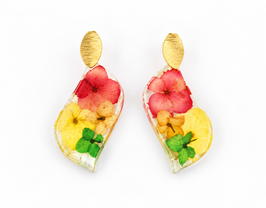 Pressed Red/Yellow/Green Flowers Earring
