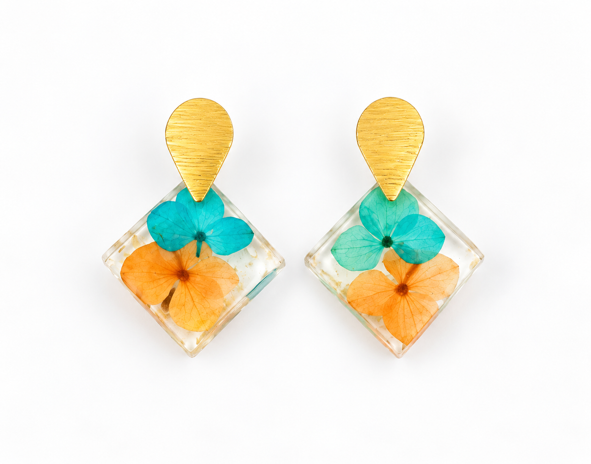 Pressed Blue/Orange Flower Earring