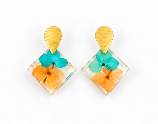 Pressed Blue/Orange Flower Earring