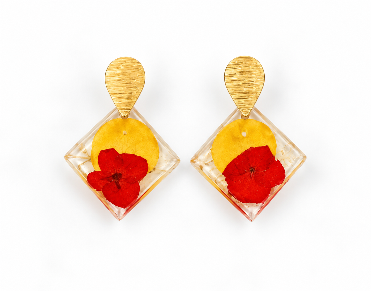 Pressed Yellow/Red Flower Earring