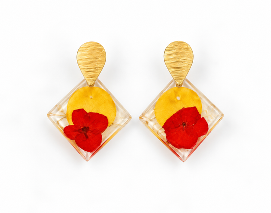 Pressed Yellow/Red Flower Earring