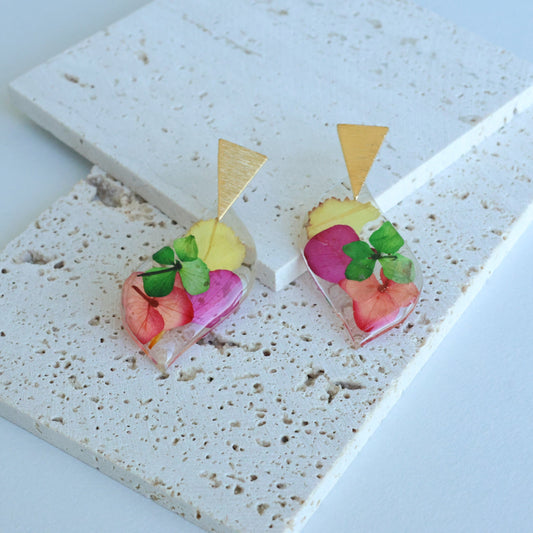 Pressed Green/Red/Purple/Yellow Flowers Earring