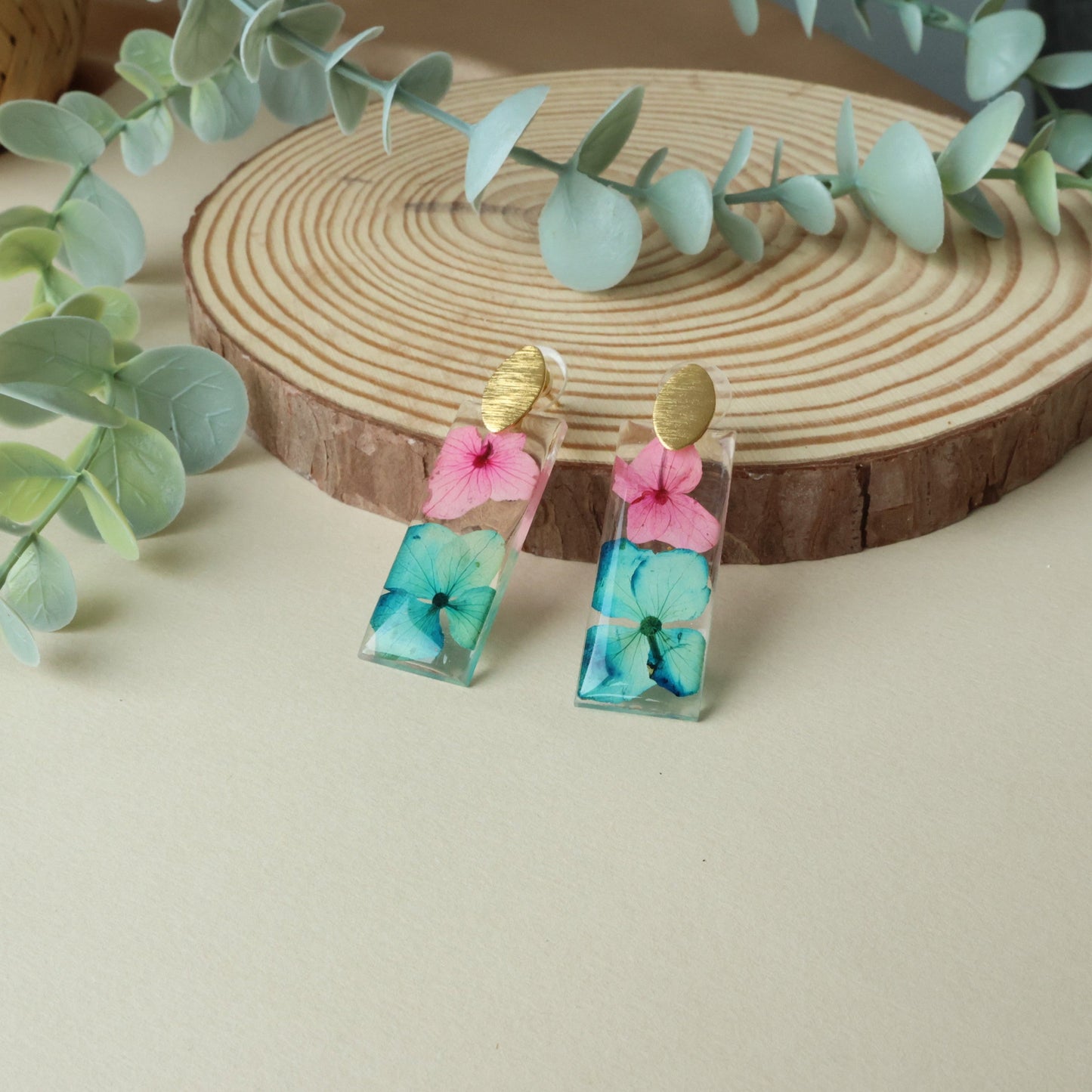 Pressed Pink/Blue Flowers Earring