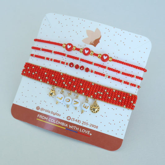 Vibrant Love Red Beaded Bracelet Set