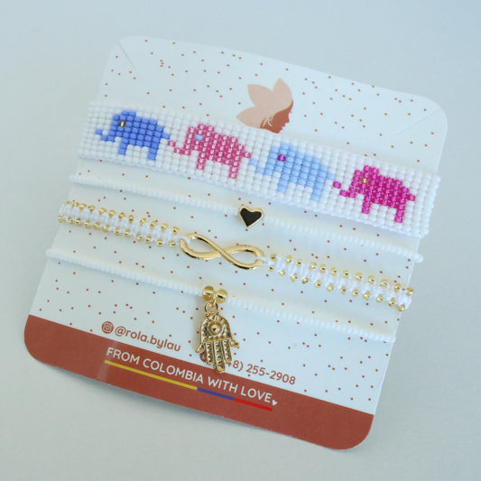Pink Elephant Family Beaded Bracelet Set